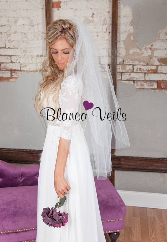 Two Tier Waist Length Tulle Bridal Veil With Raw Edge Two Tier Wedding Veil With Blusher and Raw Edge, Classic  main image 2