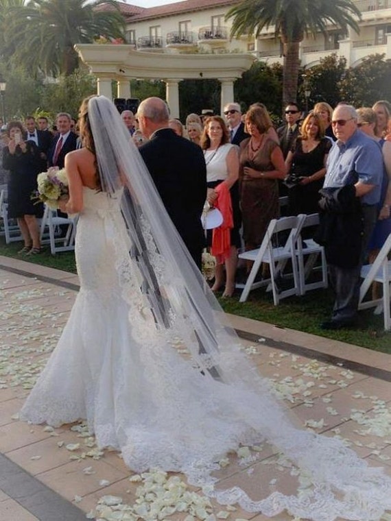 Stunning wedding veil with lace overlay Eloquence Lace Edge Cathedral Wedding Veil main image 3
