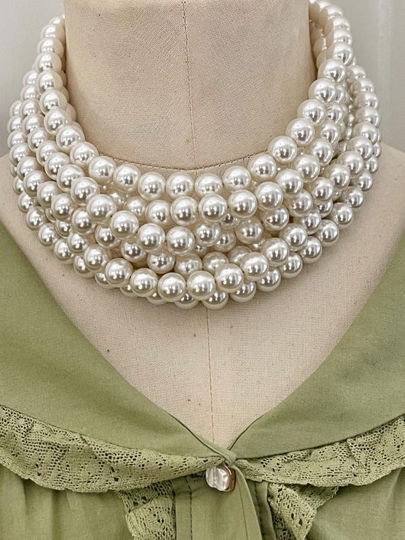 Vintage RJ Graziano Choker, Multi strand pearl choker, Rhinestone choker, Pearl rhinestone choker