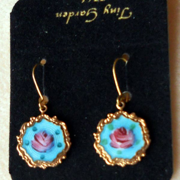 Vintage Earrings Guilloche Enamel Rose Floral Gold Victorian Garden Tea Party Birthday Garden Gift