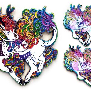 May include: Rainbow enamel pin featuring a mythical creature with a dragon head and a unicorn body. The creature is surrounded by swirling rainbow-colored designs.