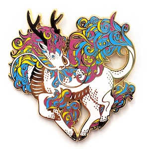 May include: Gold-tone enamel pin featuring a stylized white dragon with a pink, blue, and yellow mane. The dragon is depicted in a running pose with its tail curled around its body.