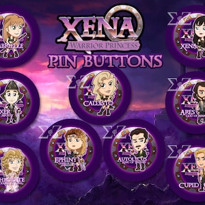 May include: A set of ten 2.25 inch pinback buttons featuring characters from the television series Xena: Warrior Princess. The buttons are purple with a silver gear design and feature images of Xena, Gabrielle, Ares, Callisto, Aphrodite, Cupid, Autolycus, Ephiny, Joker, and a text overlay of their names and titles.