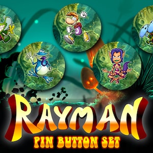 May include: A set of five Rayman pin buttons featuring characters from the video game. The buttons are round and have a green background with a white border. The characters are Rayman, Globox, the Teensies, and the Magician.