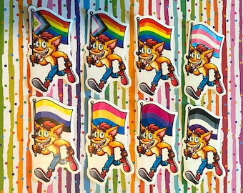 Gay Crash Bandicoot LGBTQ+ Pride Flag Vinyl Stickers - Choose Pride, Bi, Trans, NB, Pan, Ace & More