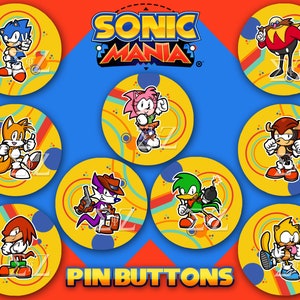 SEGA Sonic Mania Pin Buttons incl. Sonic the Hedgehog, Tails, Knuckles, Amy Rose, Eggman, Shadow, Rouge, Silver, Ray, Mighty, Bean, & More