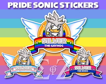 LGBT Silver the Hedgehog Title Screen Stickers - Water Resistant Vinyl 4" Long Sonic - Gay Bi Trans Pan Ace NB