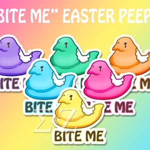 Easter Marshmallow Peeps &quot;Bite Me&quot; Sticker - Chick Choose: Yellow, Pink, Blue, Purple, Orange, or Green