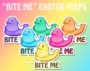 Easter Marshmallow Peeps "Bite Me" Sticker - Chick Choose: Yellow, Pink, Blue, Purple, Orange, or Green