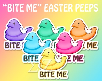 Easter Marshmallow Peeps "Bite Me" Sticker - Chick Choose: Yellow, Pink, Blue, Purple, Orange, or Green