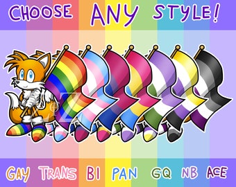 SEGA Sonic the Hedgehog Tails LGBTQ Pride Flag Vinyl Stickers - Choose Gay, Bi, Trans, NB, Genderqueer, Pan, Ace & More Customizable Option