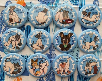 Pup Play Kink Pin Button Set of 12 - Fun and Kinky LGBT Leather Furry Handler Yiff Woof