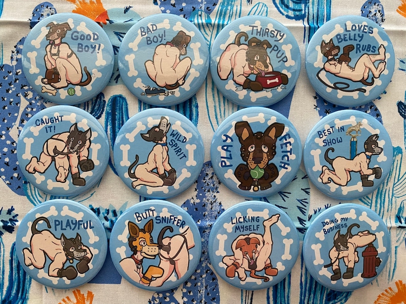 Pup Play Kink Pin Button Set of 12 - Fun and Kinky LGBT Leather Furry Handler Yiff Woof 