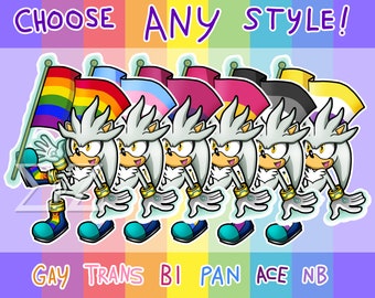 SEGA Sonic the Hedgehog Silver LGBT Pride Flag Vinyl Stickers - Choose Gay, Bi, Trans, NB, Pan, Ace & More - Customizable Option!