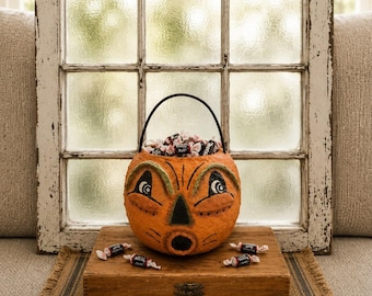 Vintage  Primitive Style Made Halloween Pumpkin Pail.