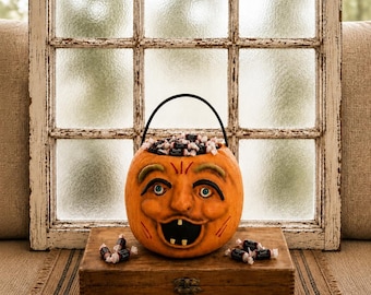 Vintage  Primitive Style Made Halloween Pumpkin Pail.