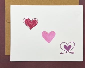 Hand Stamped Trio Hearts Love Card Pink Purple Valentine's Day Romantic Handmade Kraft Envelope