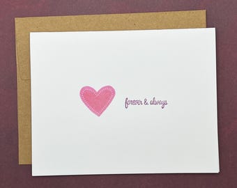 Hand Stamped Forever Always Love Card Pink Heart Kraft Envelope Romantic Valentine Set