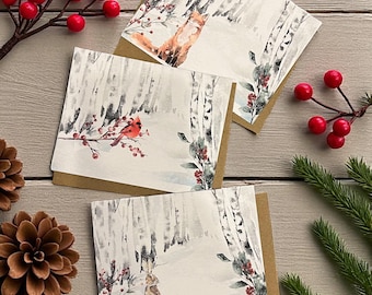 Winter Woodland Holiday Cards: Fox, Rabbit, Cardinal,  Choose your Greeting, Set of 9
