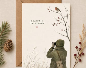 Bird Watching Christmas Cards | Watercolor Robin, Season's Greetings (Set of 8) Personalizable