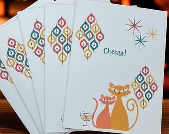 Retro Cat Cheers Greeting Cards: Mid-Century Modern Set of 8 with Kraft Envelopes