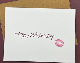 Hand Stamped Valentine's Day Card – Lip Print, Kraft Envelope