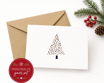 Minimalist Christmas Tree Cards Set | A2 Holiday Stationery with Kraft Envelopes,  Personalize