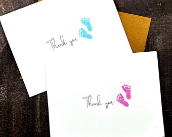 Baby Shower Thank You Cards: Pink or Blue Footprints, Kraft Envelopes, Set of 8
