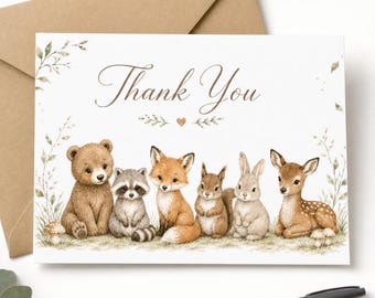 Woodland Baby Shower Thank You Cards – Watercolor Forest Animals (Set of 8)
