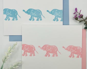 Handmade Elephant Baby Shower Note Cards: Blue or Pink Stationery Set