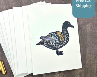 Hand Stamped Duck Note Cards – Folk Art Bird Stationery Set (Set of 8)