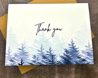 Nature-Inspired Forest Thank You Cards: Pine Tree Silhouette Set of 8 with Kraft Envelopes