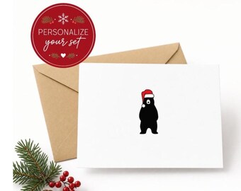 Minimalist Bear Holiday Cards | A2 Christmas Stationery with Kraft Envelopes, Set of 8, Personalize