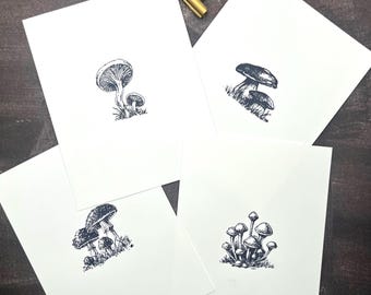 Handcrafted Mushroom Stamped Folded Note Cards with Envelopes - Set of 8 Blank Greeting Cards