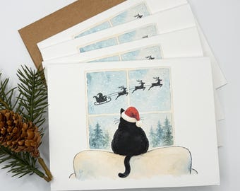 Black Cat Watercolor Christmas Greeting Cards (Set of 8 or 16)
