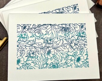 Hand Stamped Floral Note Card Set: Ombre Teal-Navy, Gift Boxed