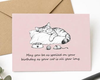 Funny Cat Birthday Card | Spoiled Kitty Sketch, Blush Pink (A2)