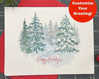Personalized Winter Forest Holiday Cards Set - Customizable Greeting & Envelope - Snowy Tree Christmas Scene