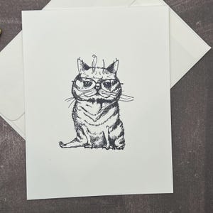 Funny Cat handgestempelde gevouwen notitiekaarten met enveloppen | Blanco gevouwen notitiekaarten | Set van 8 kaarten: veelkleurig/zwart