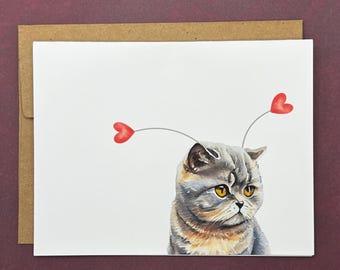 Handmade Grumpy Cat Valentine's Day Card, Heart Antennae, Kraft Envelope