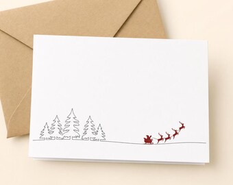 Minimalist Christmas Card Set | Santa Sleigh, Trees, Kraft Envelopes, Personalized