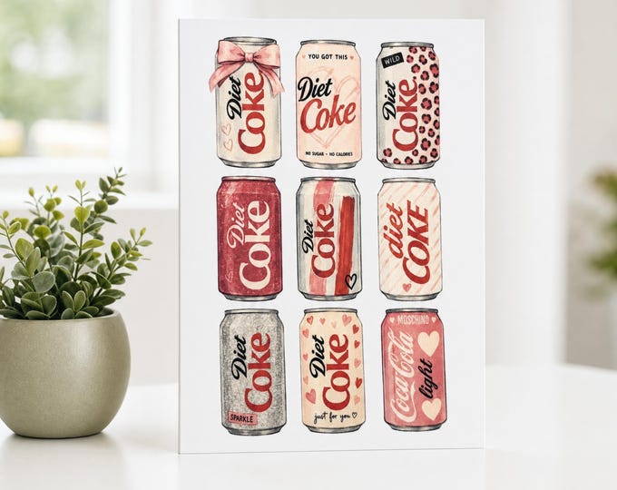 Featured listing image: Diet Coke Can Collage Greeting Card, Funny Soda Fan Art (Blank Inside)