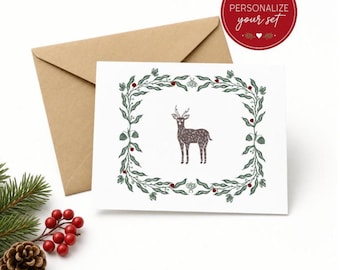 Holiday Deer Card Set of 8 | Rustic Woodland Christmas Botanical Notecards with Customized Message