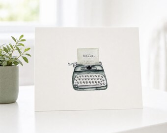 Hello Typewriter Note Cards, Minimalist Stationery Set, A2 Blank Cards, Kraft Envelopes