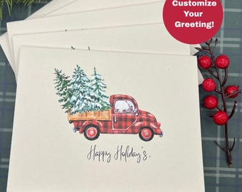 Personalized Red Plaid Truck Christmas Cards - Watercolor A2 Set with Tree Hauling Design