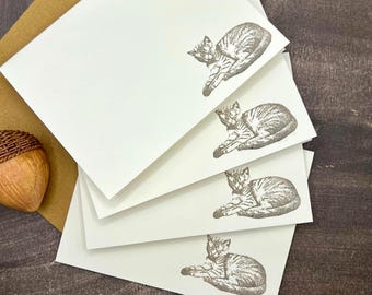 Minimalist Cat Stationery Set: 8 Hand-Stamped Blank Note Cards with Kraft Envelopes