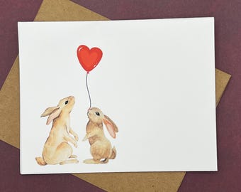 Handmade Bunny Valentine's Day Card, Rabbit Heart Balloon, Kraft Envelope