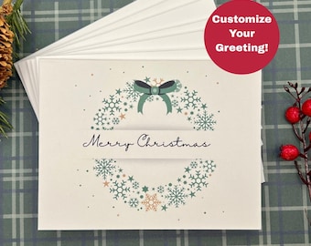 Elegant Christmas Wreath Snowflake Cards – Customizable Holiday Envelope Greetings (Set of 8)