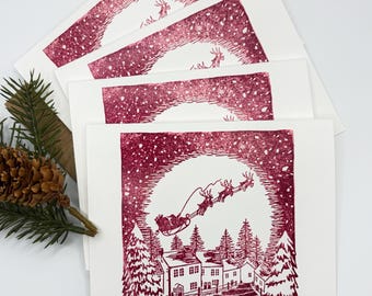 Vintage Santa Sleigh Christmas Cards, Winter Village Scene, A2 Greeting Cards with Kraft Envelopes