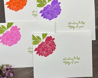 Handmade Floral Thinking of You Cards: Hand-Stamped, Kraft Envelopes, Set of 8
